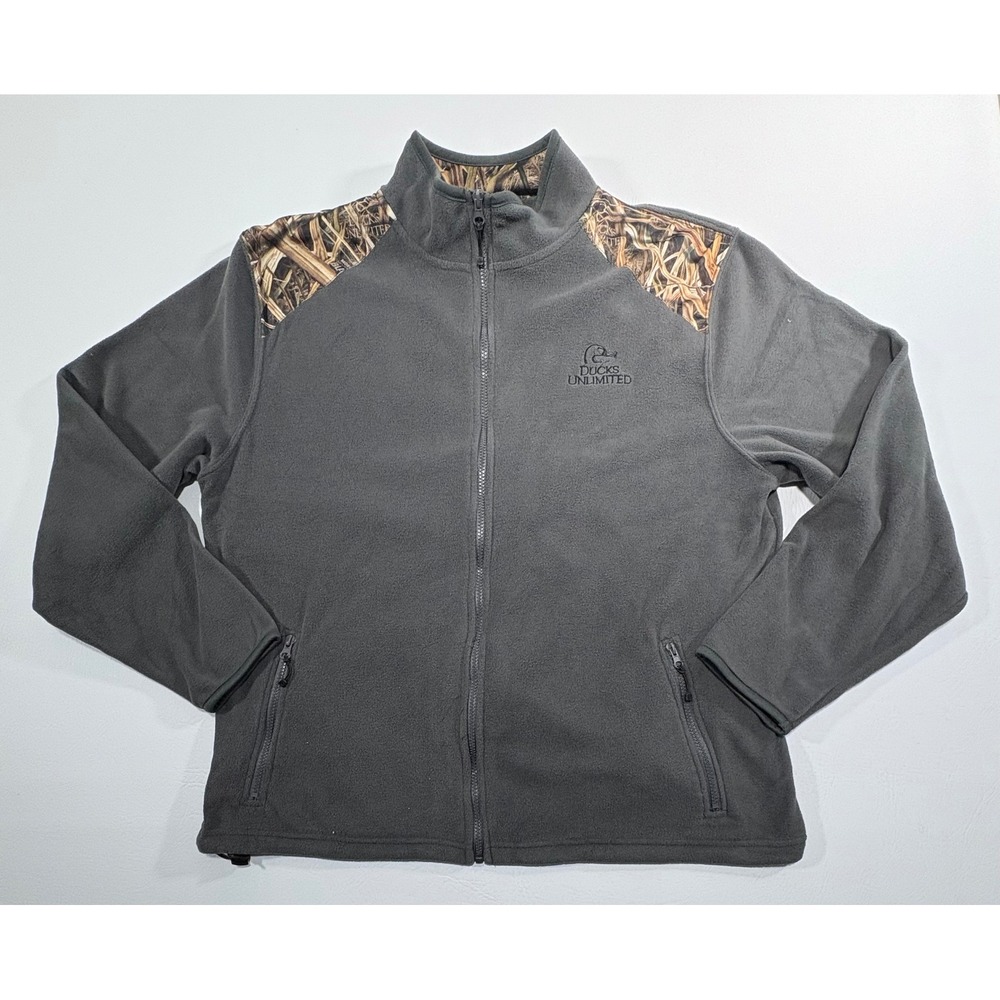 Ducks Unlimited Mens XL Gray Fleece Jacket Full Zip Camo Mossy Oak Shadow Grass